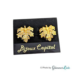 Vintage Bijoux Capitol Rhinestone Fall Maple Leaf Gold Tone Clip On Earrings
